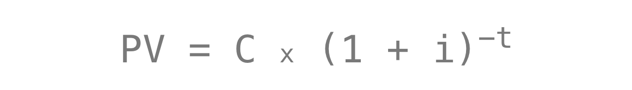 Present Value formula. C is the cashflow, i the interest rate and t the number of compounding periods between now and the time of C