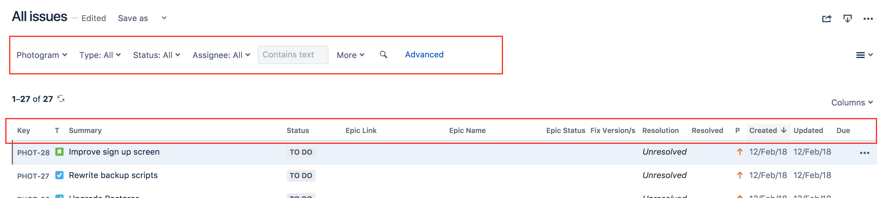 JIRA filter columns and options