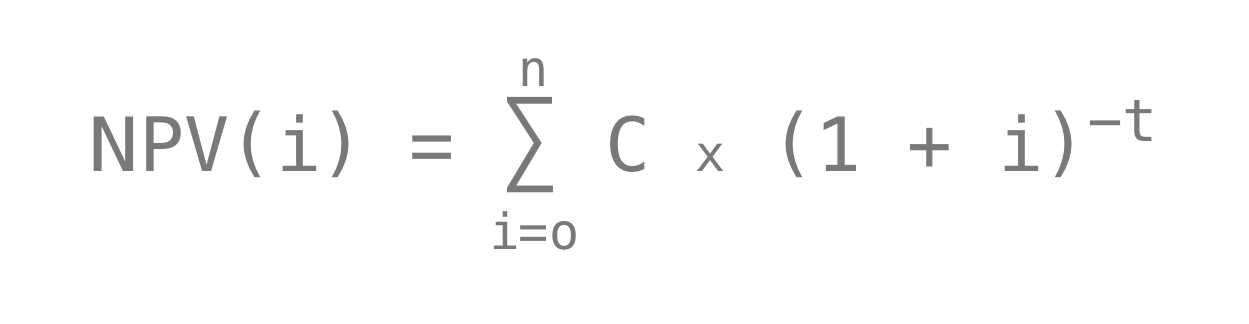 NPV formula. The terms are the same as in the PV formula, but summed over some period where i = 0 until i = n